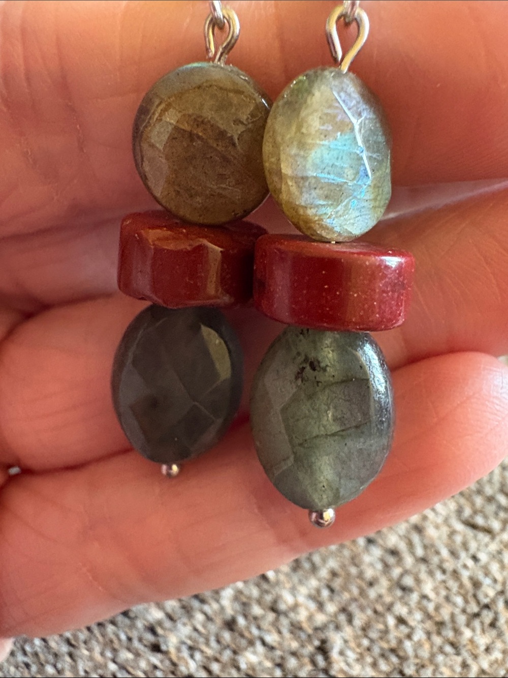 Hand Crafted Faceted Labradorite and Mookite Dangle Earrings - Picture 2 of 3